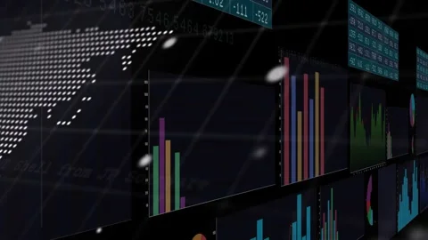 Sliding data wall revealing charts and dotted map in dark virtual space, with Stock Footage 332881954