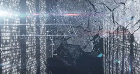 Sliding from edges, code walls converging, revealing map showing math diagrams Stock Footage 311883693