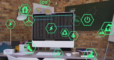 Sliding green hexagonal icons visualizing energy and eco metrics around computer Stock Footage 330255081