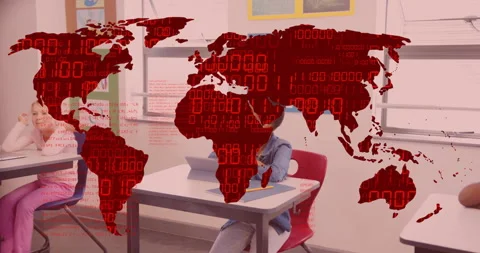 By sliding hand across desk, student activating map overlay inspiring peer Stock Footage 314844766