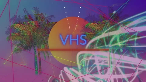 Sliding orange bar swirling scribbles around palms disk emerging, VHS text Video stock 311474738
