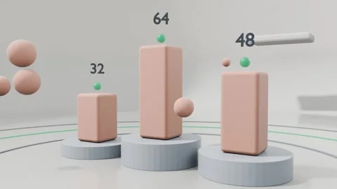 Sliding podiums settling in 3D studio, peach columns rising with markers, labels Stock Footage 340268272