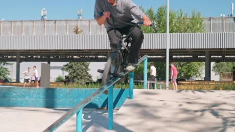 Sliding On The Railing In Park Stock Footage 208439556