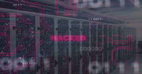 Sliding red circuit overlays, binary digits initiating hacked text glitch on Stock Footage 311508082