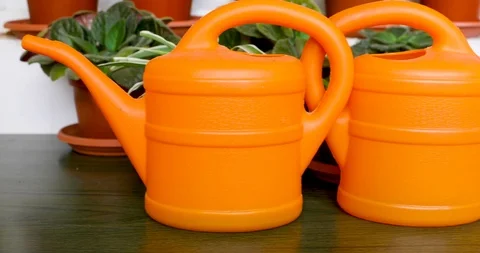 Sliding from right to left along two watering cans who stands back to each other Stock Footage 114450897