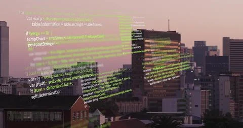 Sliding semi-transparent JavaScript code overlay across rooftop skyline at dusk Stockfoto's
