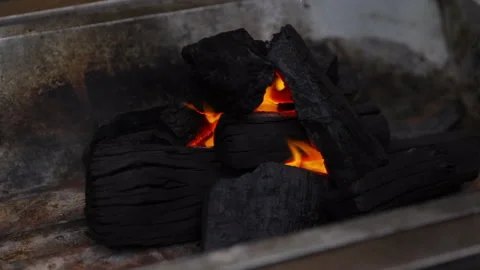 Sliding shot of lighting charcoal for a campfire. Full HD. Stock Footage 328644694