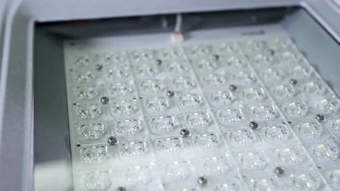 Sliding Shot of Lighting Fixture with Array of Single Powerful LED Chips Stock Footage 147421655