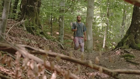 Sliding shot of a man walking through a forest with a walking stick Stock Footage 121807782