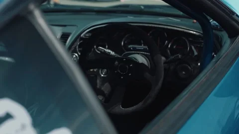 Sliding Shot of Modified Interior and Racing Wheel of Toyota Supra. 스톡 동영상 134211703