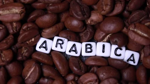 Sliding through Roasted coffee beans with word ARABICA Stock Footage 151088764