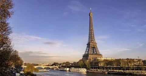 Sliding time lapse view of the Eiffel tower and the river Seine in Paris, France Stock Footage 70793997