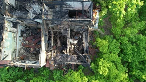 Sliding view of abandoned burned building in forest Stock Footage 262648620