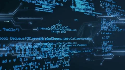Slight camera panning starting, cyan code column and HUD overlays shifting, Stock Footage 334419003