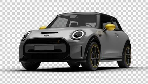 Slight front left render angle of gray Mini Cooper SE Electric 2025 with tr.. Stock Illustration