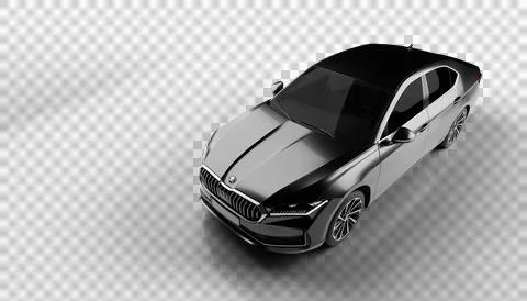 Slight front left view of dark grey Skoda Superb 2024 rendered with a trans.. Stock Photos