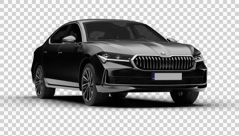 Slight front right render of dark grey 2024 Skoda Superb shown on transpare.. Stock Illustration