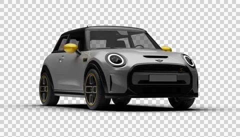 Slight right angle front render of gray Mini Cooper SE Electric 2025 on tra.. Stock Illustration