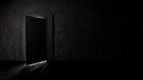 Slightly open door letting light into dark room Illustrazione stock