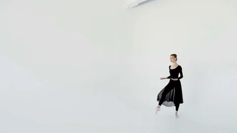 Slim 20s dancer female in black beautifully dances in front of a large window Stock Footage 77204452