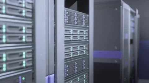 Slim black chassis housing server modules with glowing status lights Stock Footage 340351977