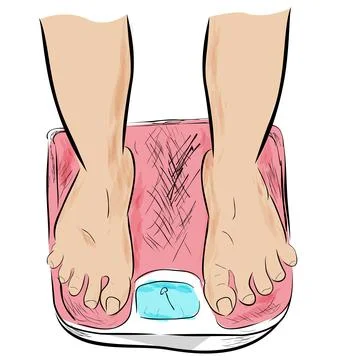 Slim foot at weight scale, top view, simple vector doodle hand draw sketch Stock Illustration