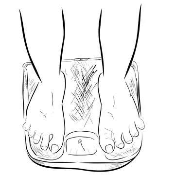 Slim foot at weight scale, top view, simple vector doodle hand draw sketch Stock Illustration