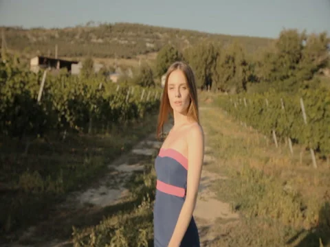 Slim girl in strapless dress posing in rows of vineyards Stock Footage 59383465