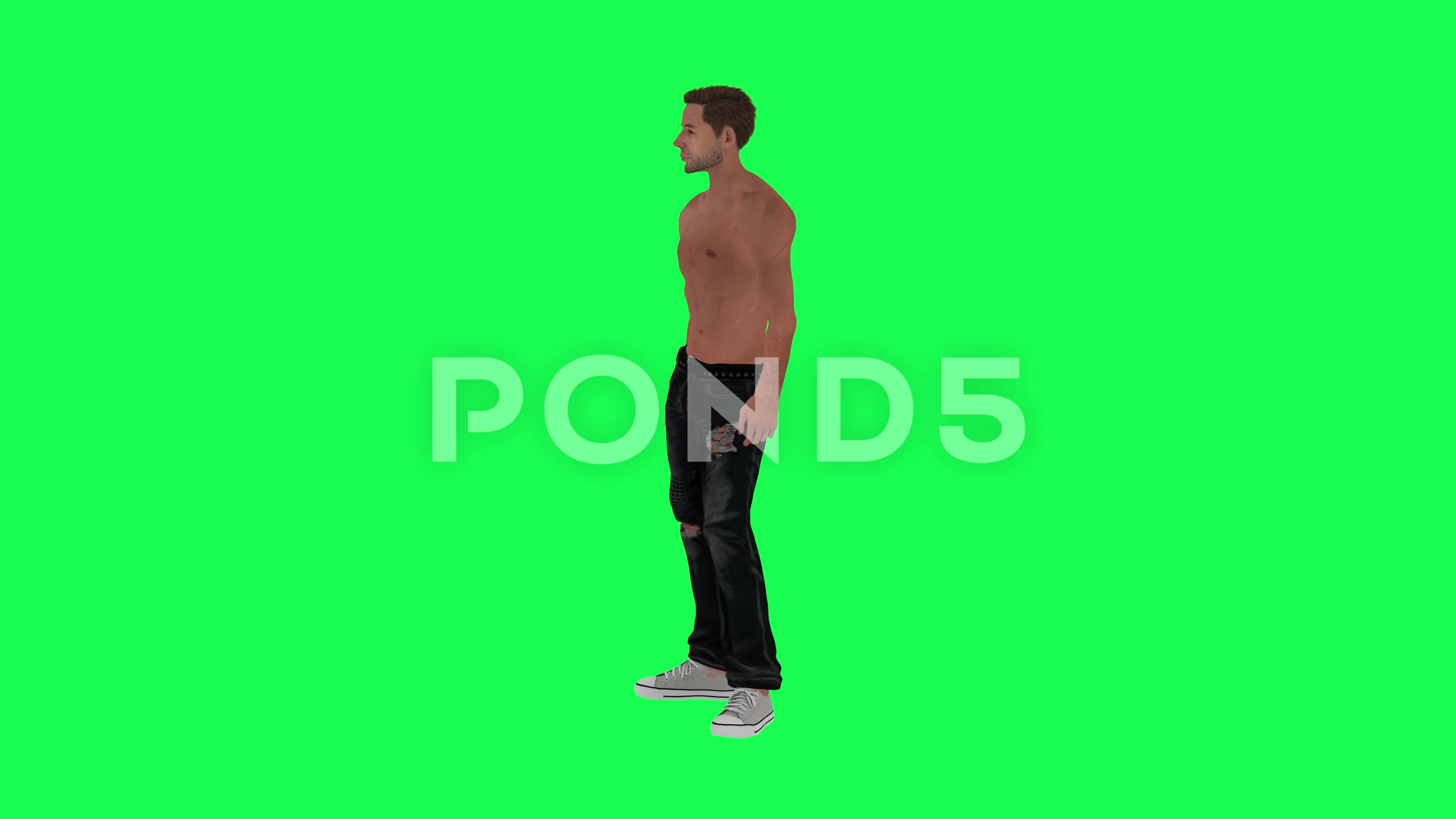 Slim half naked man on green screen from side angle waiting 3d render  chroma ke