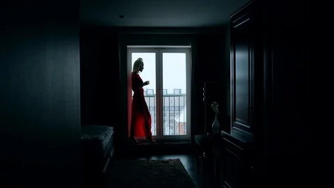 Slim young lady is walking in front large window in room in daytime, silhouette 스톡 동영상 101553559