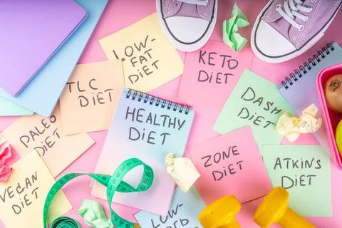Slimming, Diet choice flat lay Stock Photos
