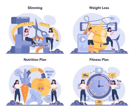 Slimming specialist set. Diet plan and physical activity. Over weight Stockillustratie
