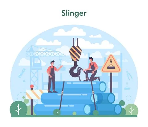 Slinger concept. Professional workers of constructing industry slinging Stock Illustration