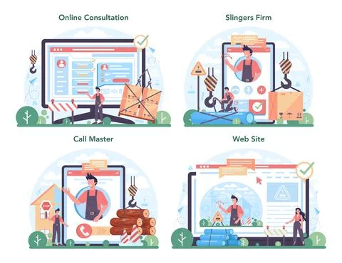 Slinger online service or platform set. Professional workers of constructing Stock Illustration