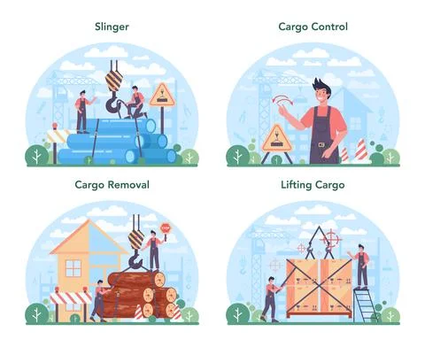 Slinger set. Professional workers of constructing industry slinging goods Stock Illustration