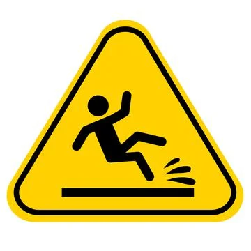 Slip danger icon on white background. Wet floor sign. Yellow triangle with Illustrazione stock