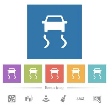 Slippery road dashboard indicator flat white icons in square backgrounds Illustration