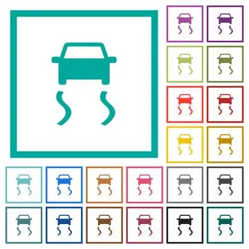 Slippery road dashboard indicator flat color icons with quadrant frames Illustration