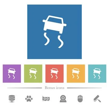 Slippery road dashboard indicator flat white icons in square backgrounds Illustration