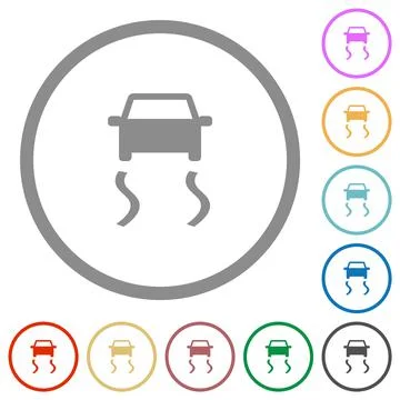 Slippery road dashboard indicator flat icons with outlines Illustration