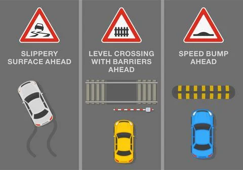 Slippery surface", "level crossing with barriers" and "speed bump" ahead sign. 스톡 일러스트