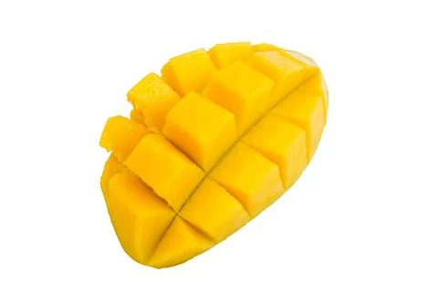 Slised cube yellow mango fruit isolated on white background. Stock Photos