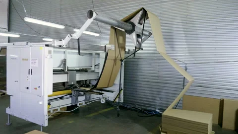 Slitting machine carves cardboard boxes from sheets of cardboard. 4K 動画素材 168488223