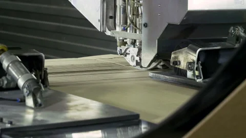 Slitting machine carves cardboard boxes from sheets of cardboard. 4K Stock Footage 205731022