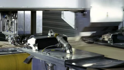 Slitting machine carves cardboard boxes from sheets of cardboard. 4K Stock Footage 208460917