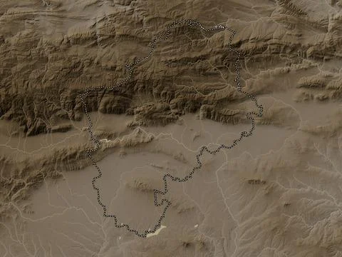 Sliven, Bulgaria. Elevation map colored in sepia tones with lakes and rivers Stock Illustration