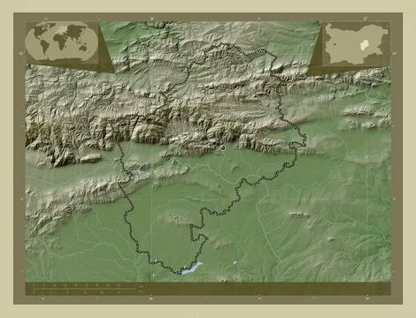 Sliven, Bulgaria. Elevation map colored in wiki style with lakes and rivers Stock Illustration