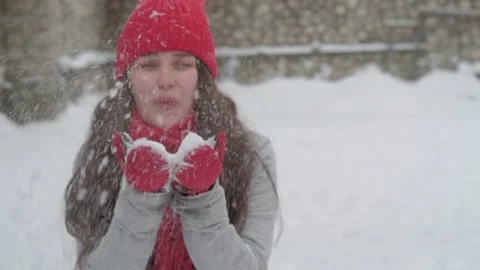 Slo-mo authentic cute happy beautiful young woman with long flowing hair in red Video stock 153435267