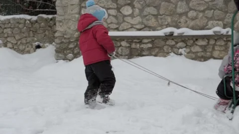 Slo-mo authentic little boy 2-3 years old pulls sled with kids by the rope Stock Footage 151228764