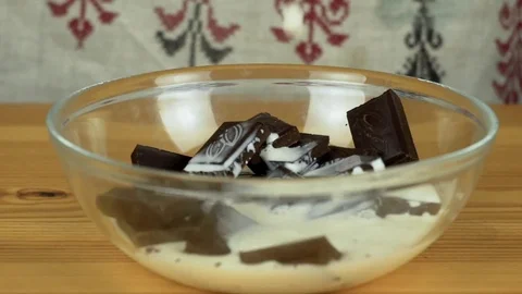 Slo-mo chunks of chocolate into milk Stock Footage 74802014